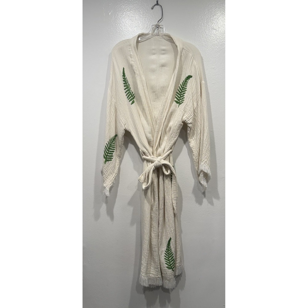 Bohemian Belted Robe Cream Green Leaf Minimalist Fringe Granola Girl Hippie